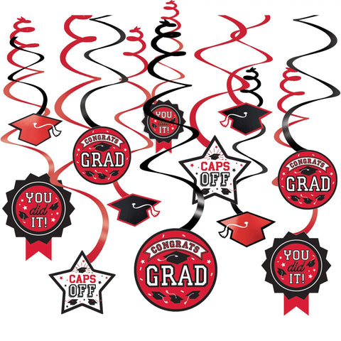 Graduation Swirl Decorations - Red 12CT