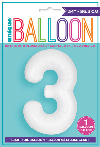 34" Foil Matte White Number 3 Balloon