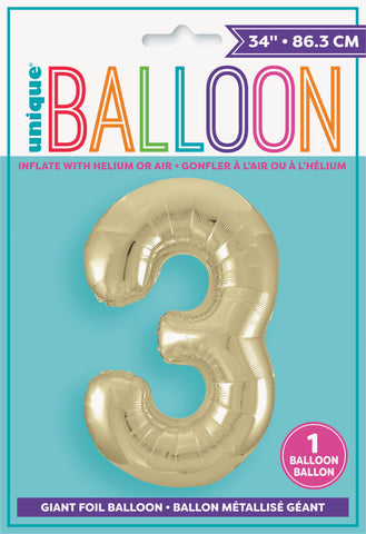 34" Foil Gold Number 3 Balloon