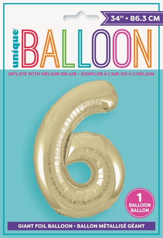 34" Foil Gold Number 6 Balloon