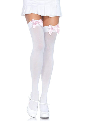 White Opaque Thigh High w/Pink Satin Bow Accent