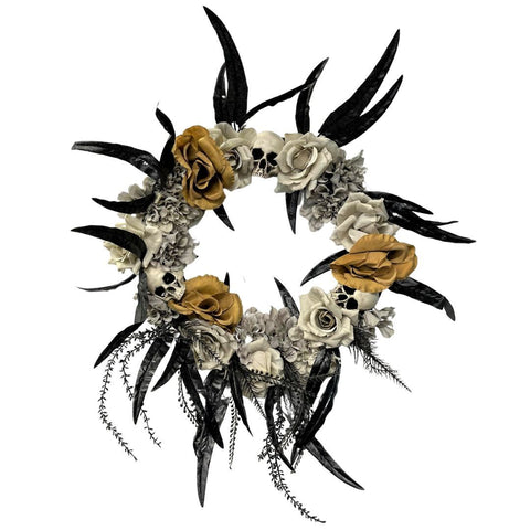 16 Inch Wreath w/ Skulls & Roses Gold Gothic