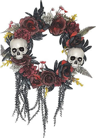 16 inch Wreath w/Skulls & Roses Red Gothic