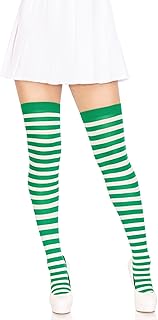 Kelly Green/White Nylon Striped Thigh Highs