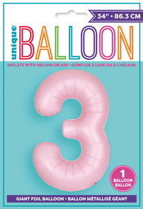 34" Foil Matte Pink Number 3 Balloon