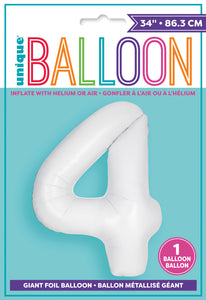 34" Foil Matte White Number 4 Balloon