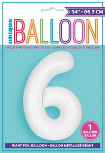 34" Foil Matte White Number 6 Balloon