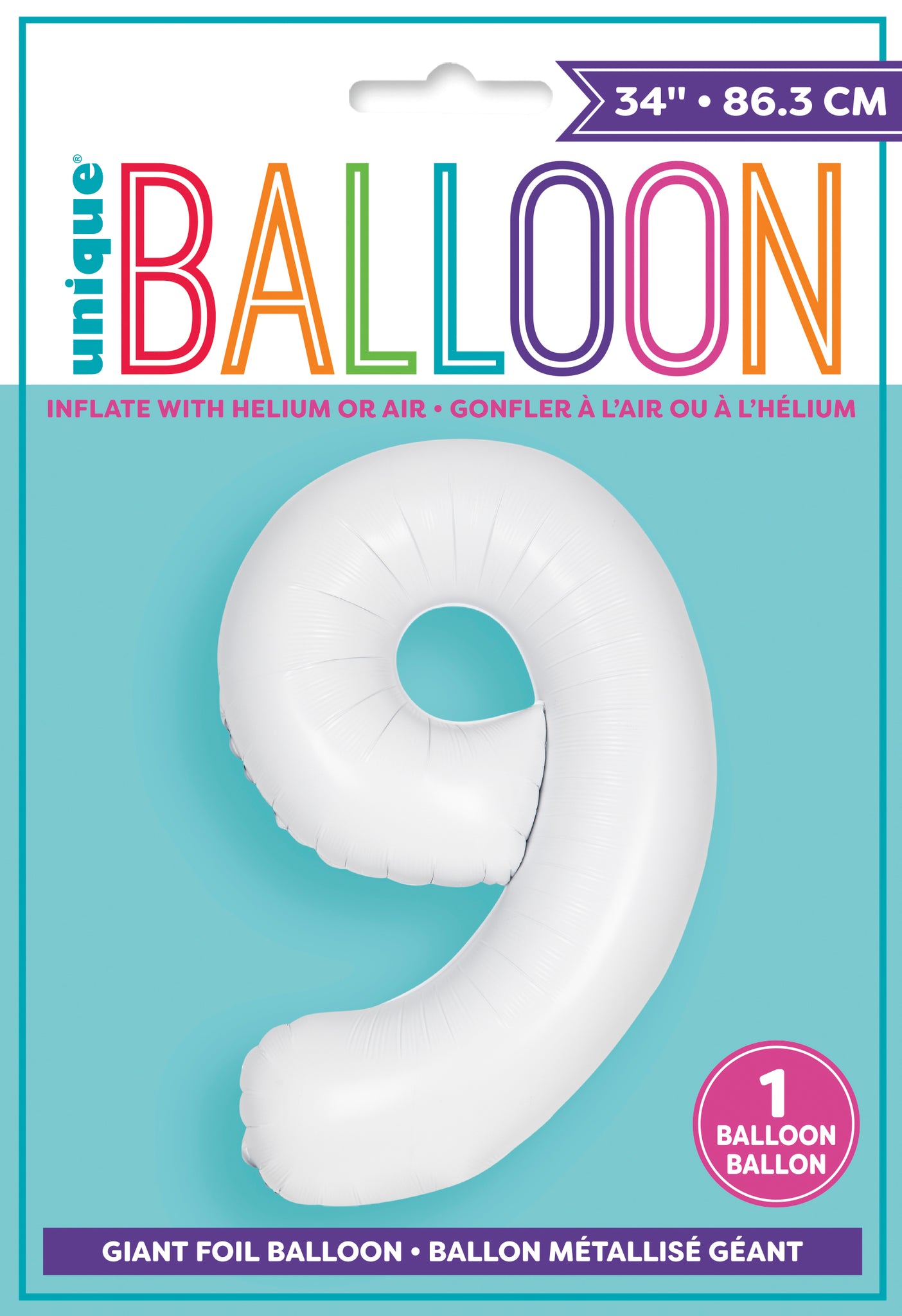 34" Foil Matte White Number 9 Balloon