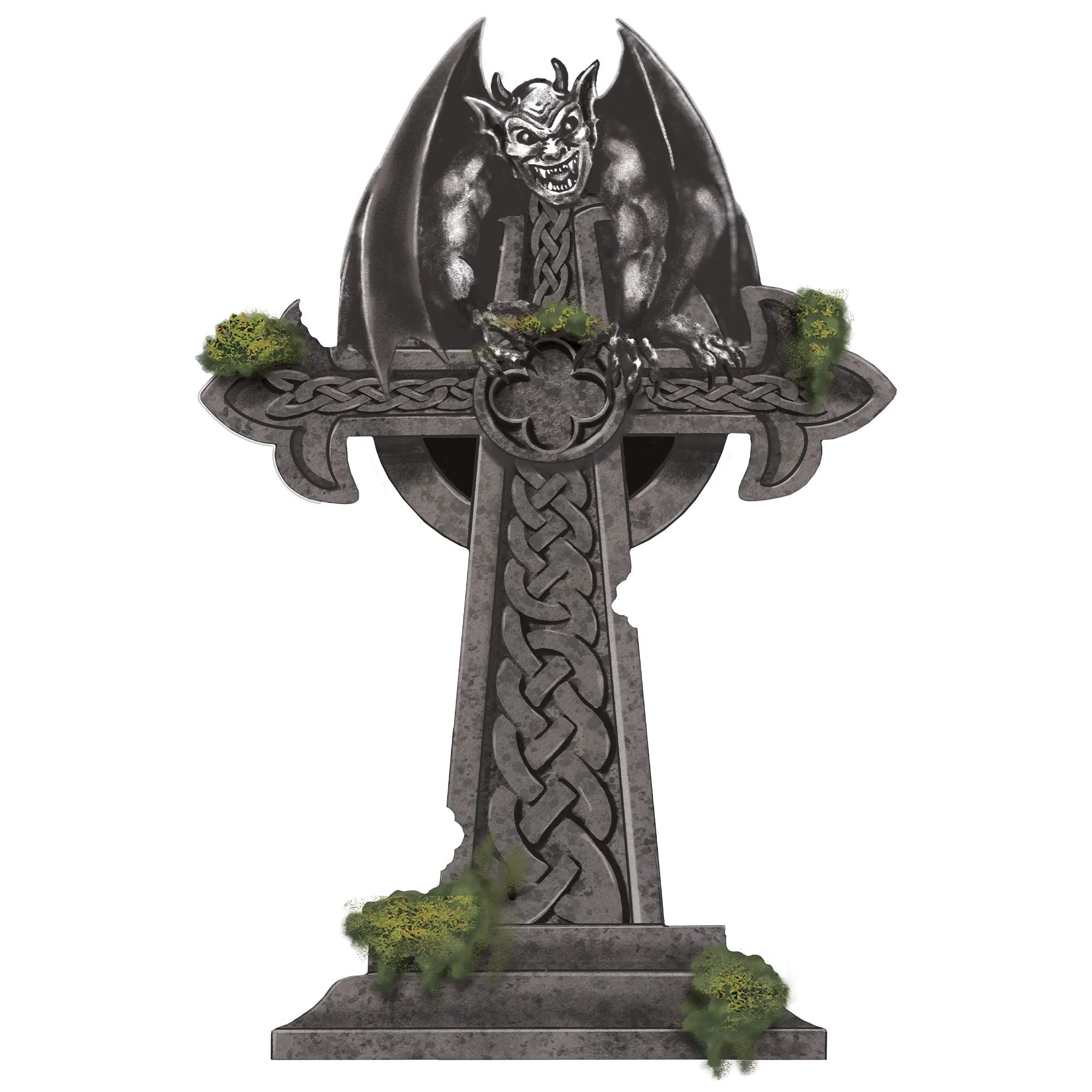 Tombstone Mossy Cross w/Gargoyle – GoldenGrottoAR