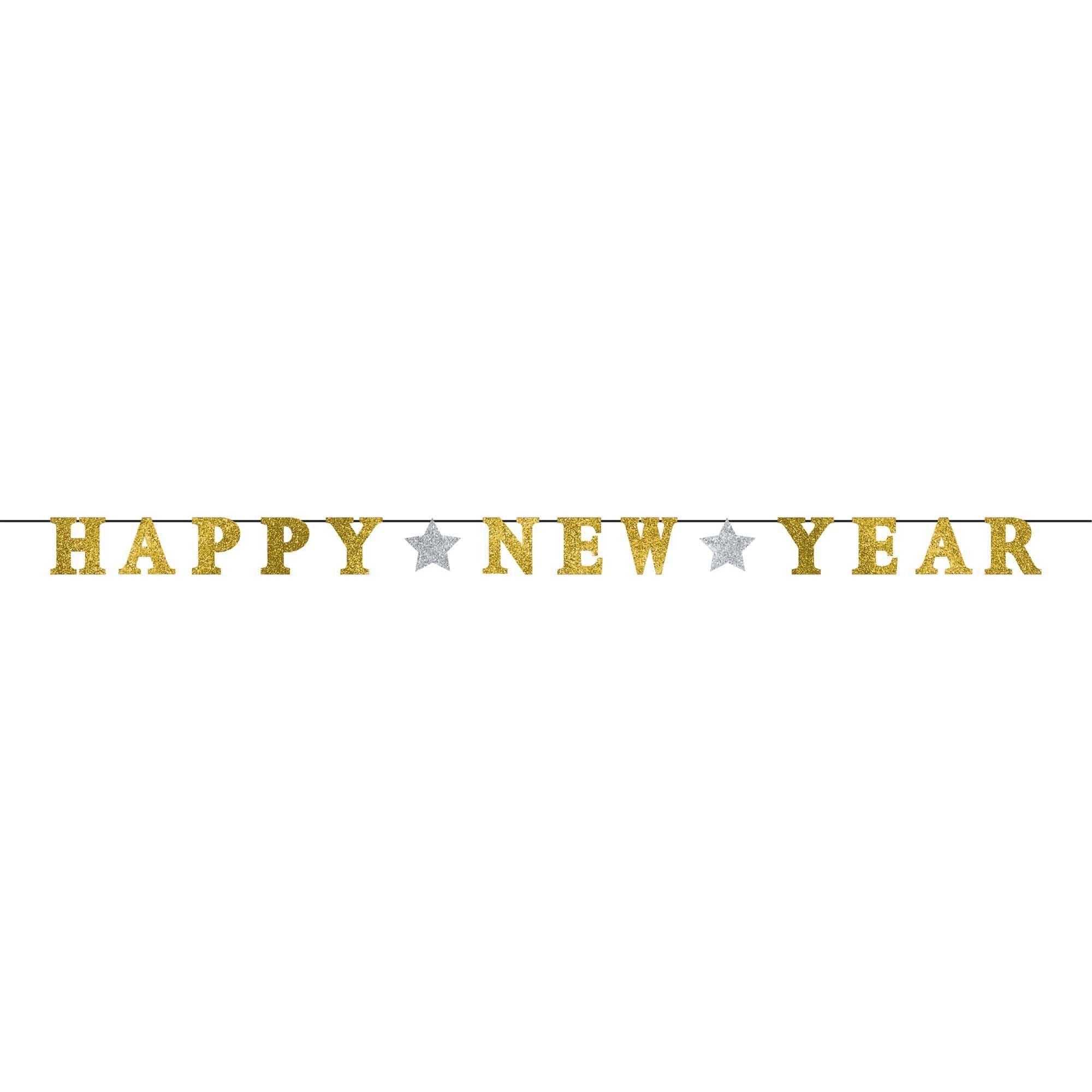 Happy New Year Ribbon Banner w/Glitter Paper Letters - Silver & Gold