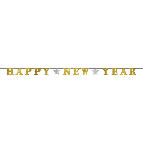 Happy New Year Ribbon Banner w/Glitter Paper Letters - Silver & Gold