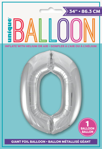 34" Foil Silver Number 0 Balloon