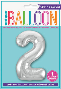 34" Foil Silver Number 2 Balloon