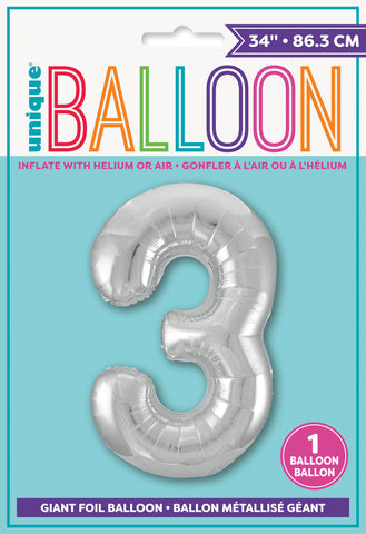 34" Foil Silver Number 3 Balloon