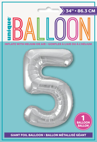 34" Foil Silver Number 5 Balloon