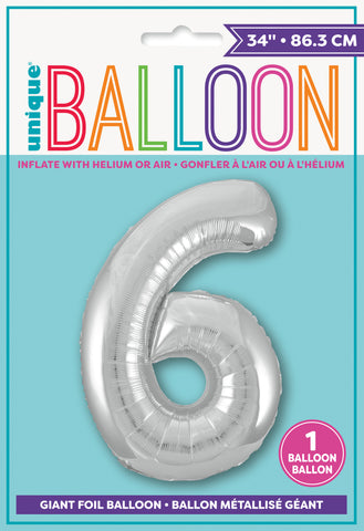 34" Foil Silver Number 6 Balloon