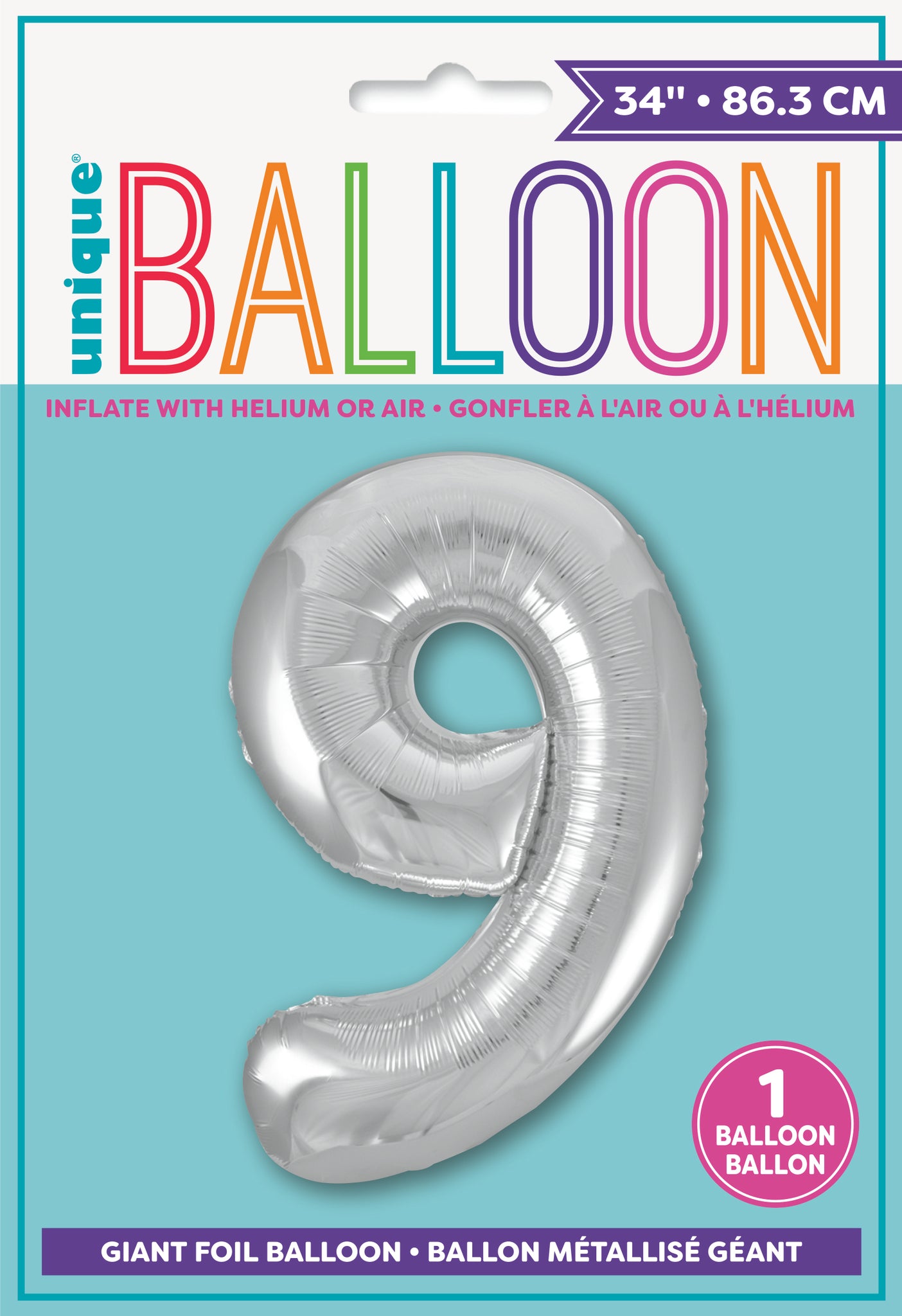 34" Foil Silver Number 9 Balloon