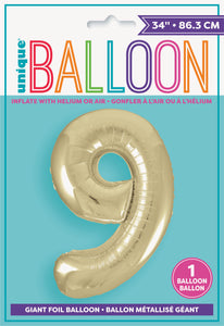 34" Foil Gold Number 9 Balloon