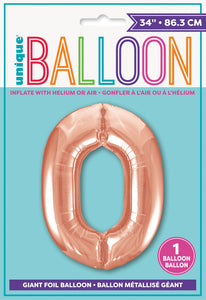 34" Foil Rose Gold Number 0 Balloon