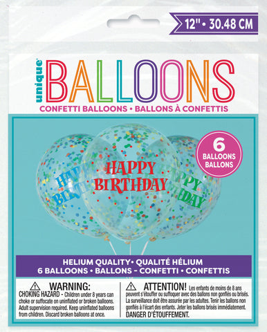 Mulitcolored Confetti Filled Happy Birthday Latex Balloons 6CT