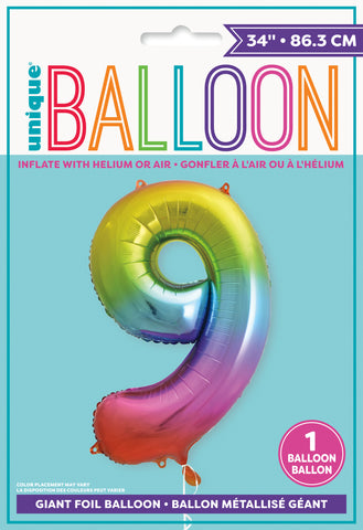 34" Foil Rainbow Number 9 Balloon