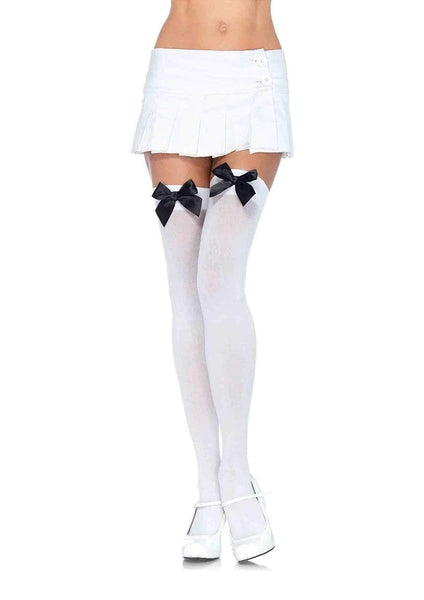 White Opaque Thigh High w/ Black Satin Bow Accent