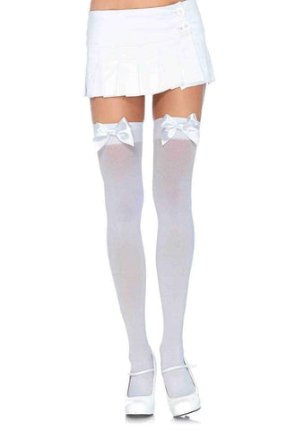 Plus Size White Opaque Thigh Highs w/Satin Bow Accent