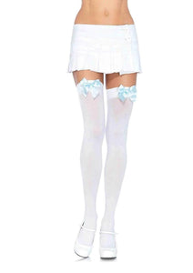White Opaque Thigh Highs w/Blue Satin Bow Accent