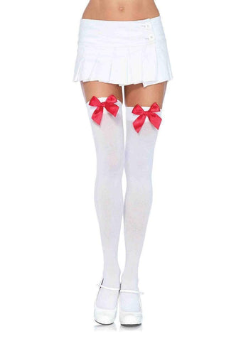 White Opaque Thigh Highs w/Red Satin Bow Accent