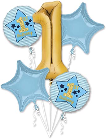 1st Birthday Blue & Gold Bouquet of Balloons