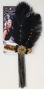 Flapper Headband - Gold w/Black Feather