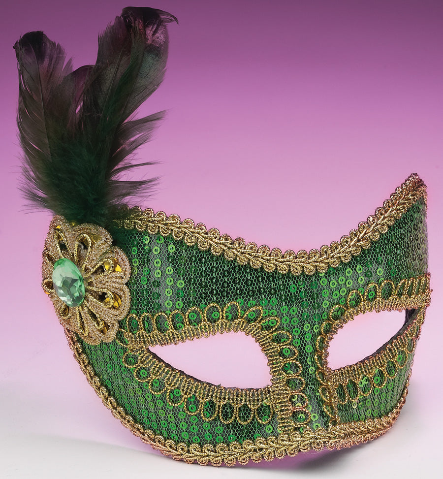 Sequin Fashion Mask - Green w/Gold Lace
